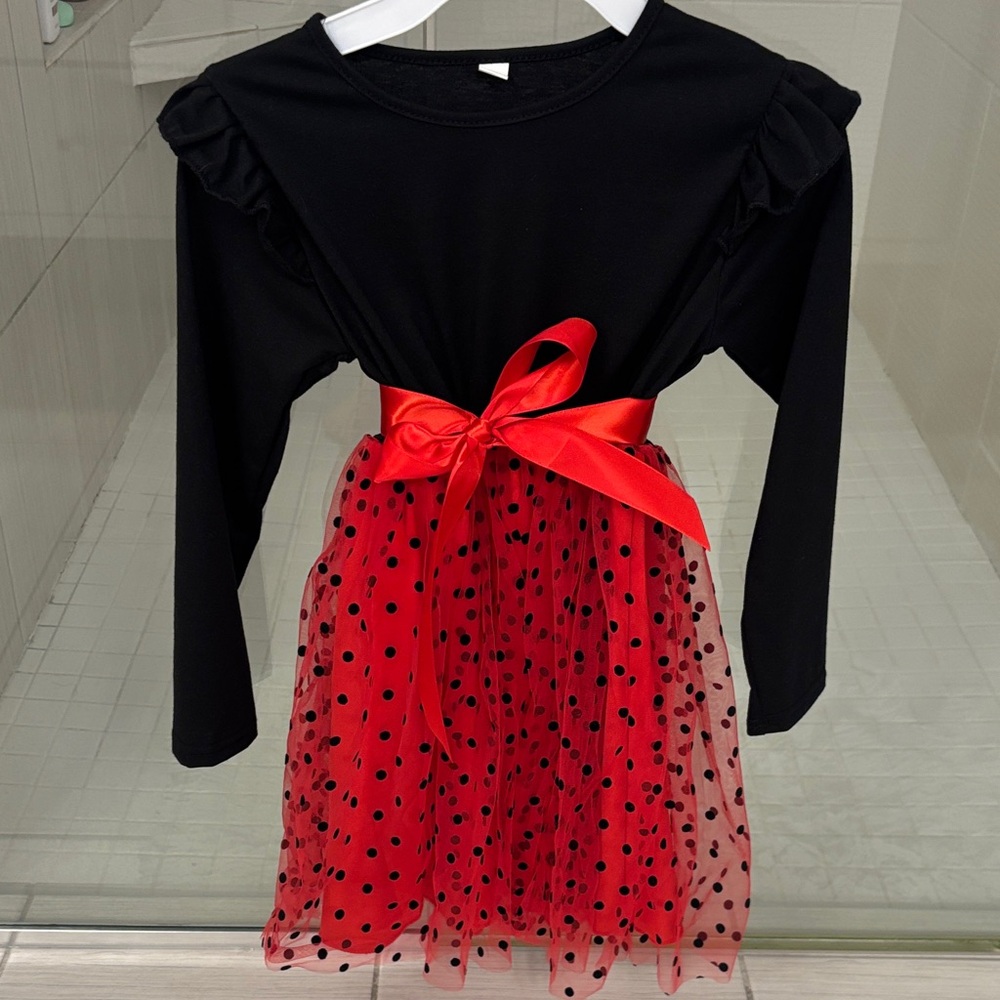 Girls Black Long-Sleeve Dress with Red Polka Dot Tulle Skirt